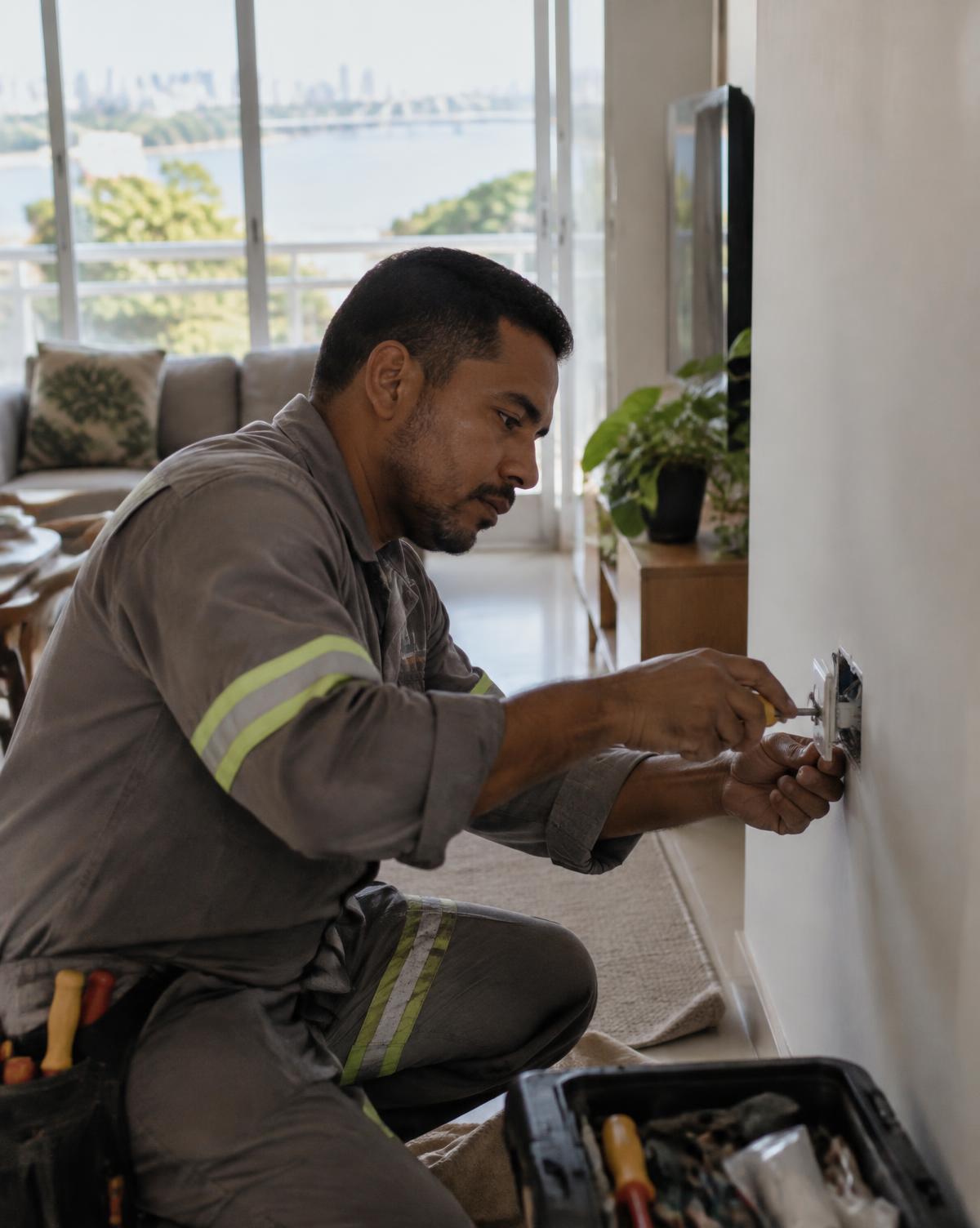 Eletricista realizando manutenção em residência